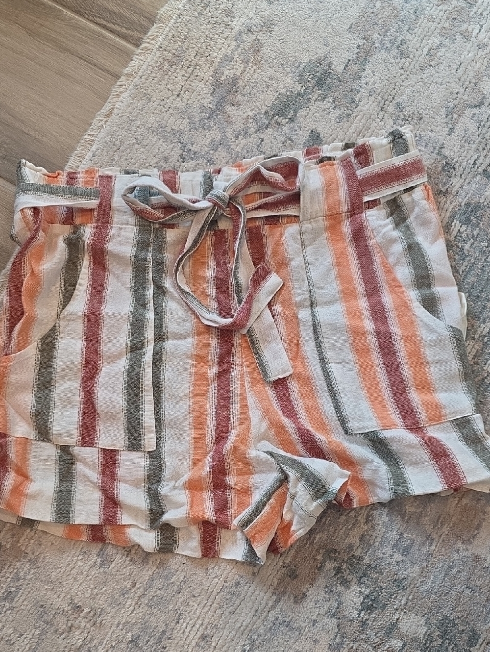 Indigo Rein Multi-Stripe Tie-Waist Shorts in Rust, Orange & Sage